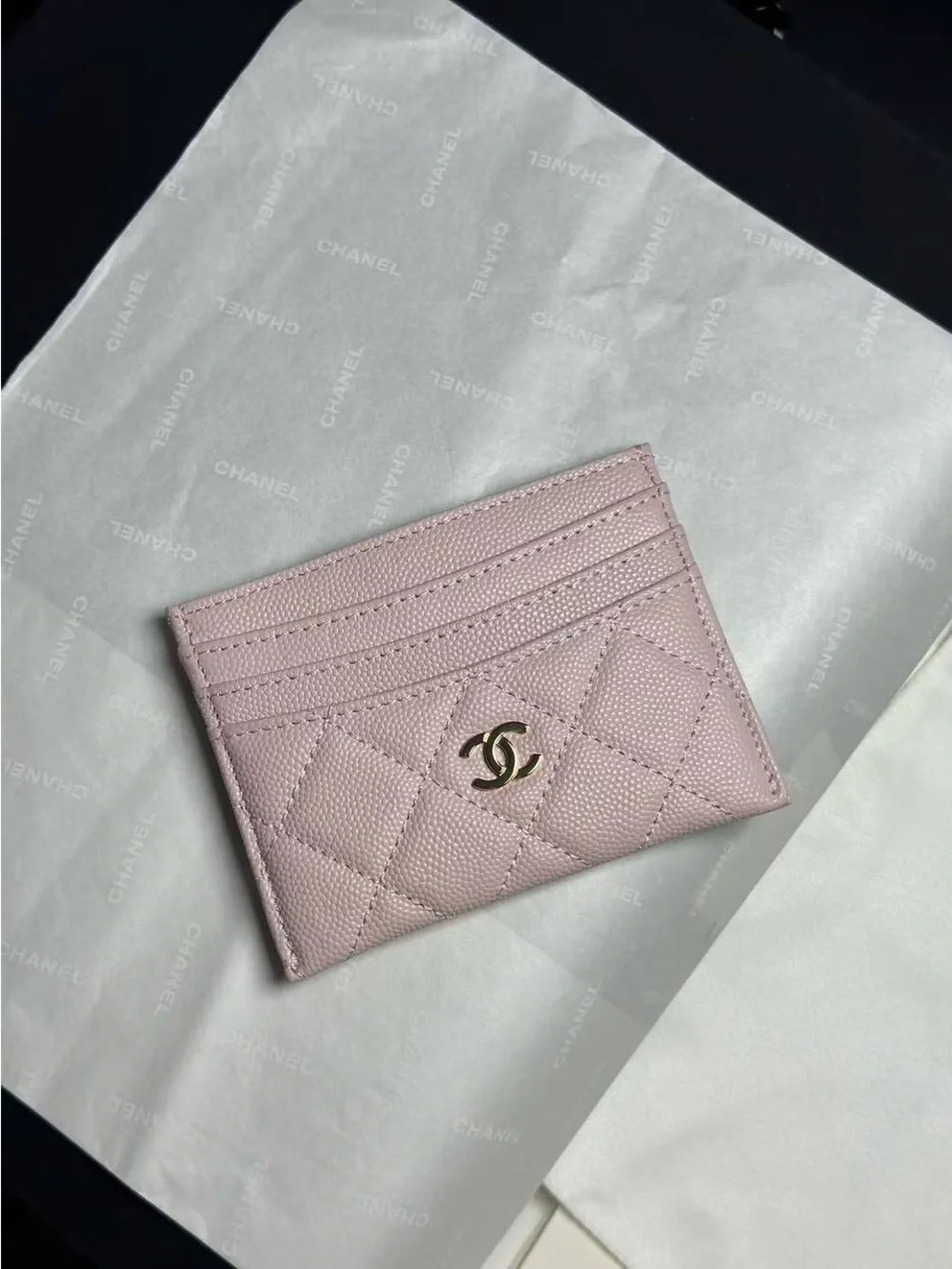 CHANEL Pink Quilted Card Holder with Gold CC Logo